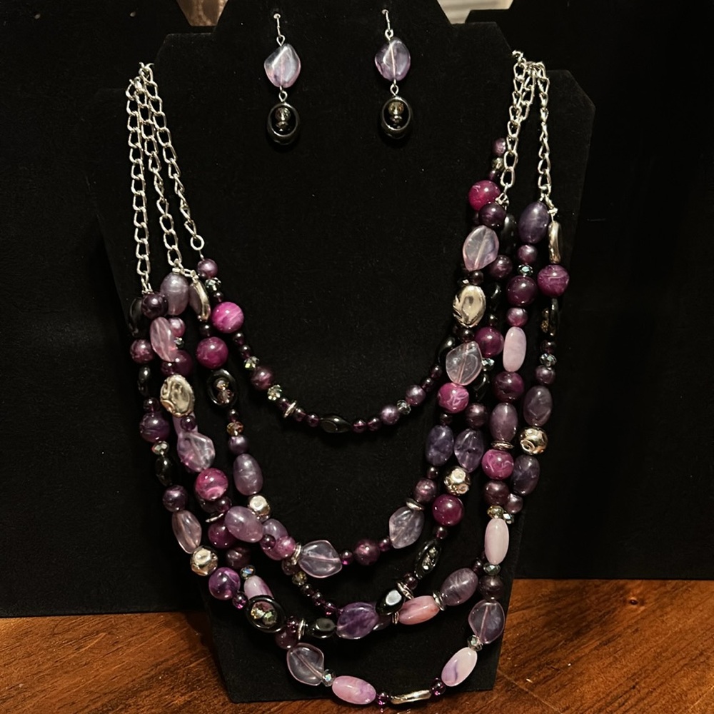 Chicos Three Strand Purple, Lilac & Black Beaded Necklace w/ Matching Earrings.